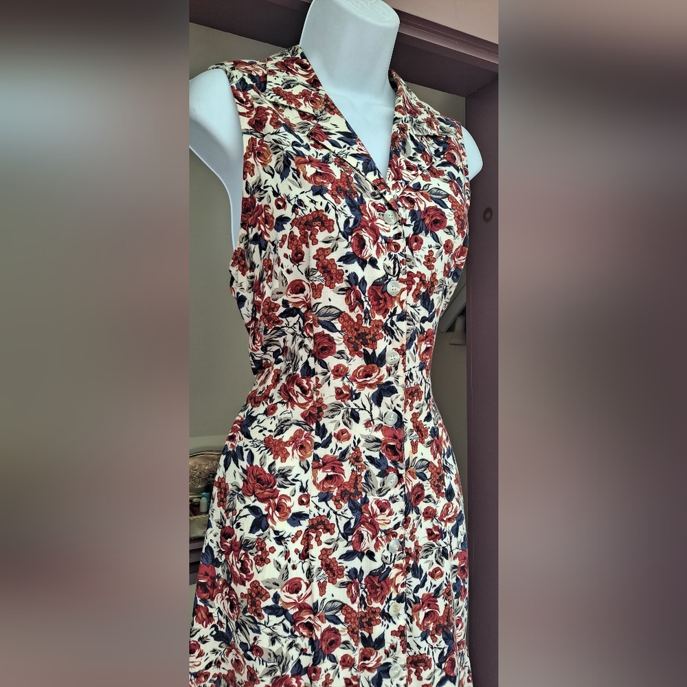 1990s JONATHAN MARTIN Off-White Floral Sundress Fitted Tie Back Tank Maxi Dress - Picture 9 of 16